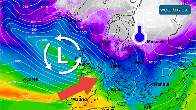 De weerkaart voor begin volgende week toont actiever wordende lagdedrukgebieden op de oceaan, die zachte lucht aanvoeren. De kou blijft echter dichtbij op de loer.