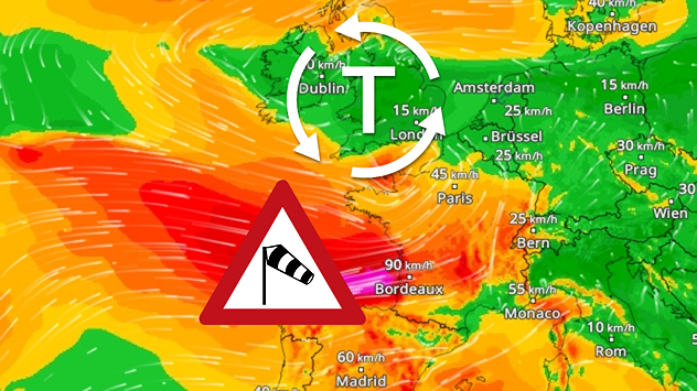 Radar éolien de l'Europe occidentale avec symbole de dépression au-dessus de l'Irlande. La zone de tempête rouge s'étend jusqu'à Bordeaux avec des vents de 90 km/h. Un panneau d'avertissement avec une manche à air signale de fortes rafales.
