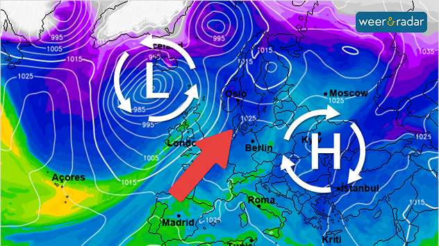 De weerkaart voor eind van de week toont een licht wisselvallige, maar zachte weersetting met lagedruk tussen Schotland en IJsland en een hogedrukgebied boven de Balkanlanden.