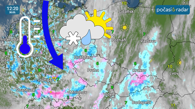 Meteoradar, screenshot, 30. 3. 12:20: Nový týden v Česku začíná chladnějším počasím s převažující velkou oblačností a přeháňkami.