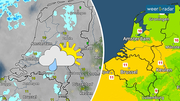 De afbeelding links laat de WeerRadar zien met daarop wat motregen en lokaal wat opklaringen. Een wolk, met een regendruppel en wat zon staan daarop ingetekend. Rechts de TemperatuurRadar in lichtgroene en gele kleuren. Temperaturen tussen de 9 en 11 graden worden getoond.