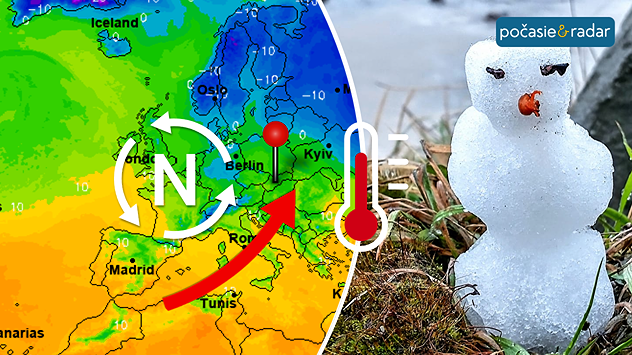 Rozdelený obrázok. Vľavo teplotná mapa s maximálnymi dennými teplotami nad nula stupňov, znázornená tlaková níž s prúdením teplého vzduchu po jej prednom okraji. Vpravo roztápajúci sa snehuliak. Medzi oboma obrázkami symbol vysokej teploty na teplomeri. Obrázok má symbolizovať teplé počasie v zime spojené s topením snehu.