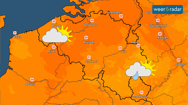 Een kaart van de TemperatuurRadar van België. De kaart toont 21 tot 23 graden op zaterdag met boven Vlaanderen zon en wolken, boven Wallonië zon, wolken en een bui.