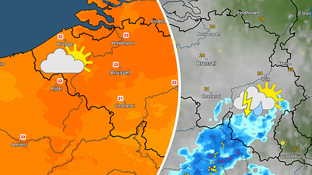 Links staat een afbeelding van de TemperatuurRadar met een zon en wolk op zaterdag bij 20 tot 23 graden. De rechterafbeelding toont onweersbuien in de oostelijke helft van het land op zondag.