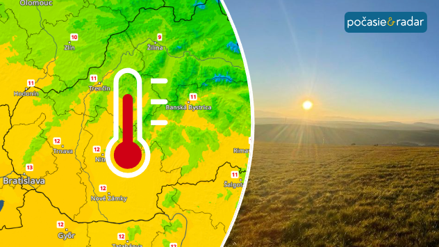Mapa Slovenska s teplotami okolo 10 až 13 °C a symbolom teplomera; slnečná krajina pri západe slnka