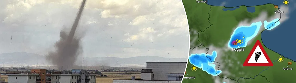 Links ein Tornado nahe einer Stadt, rechts das WetterRadar für Italien