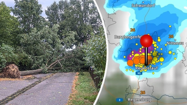 Unwetterschäden in Regenstauf und WetterRadar-Bild vom Gewitter