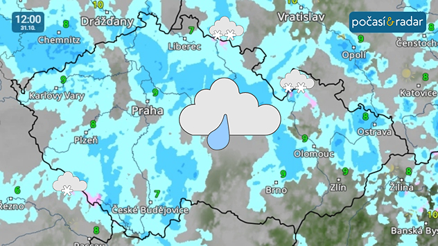 Meteoradar, screenshot, 31. října 12:00: O víkendu se v Česku častěji objeví srážky ve formě občasného slabého deště, na horách bude i sněžit.