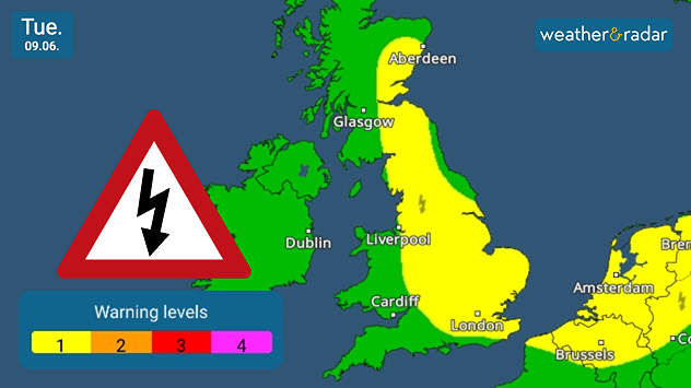 Weather warning map of the UK on Tuesday 09.06 showing a yellow thunderstorm alert area extending from northeast Scotland through eastern England to the southeast coast, with a warning triangle, lightning symbols, and a colour-coded alert scale.