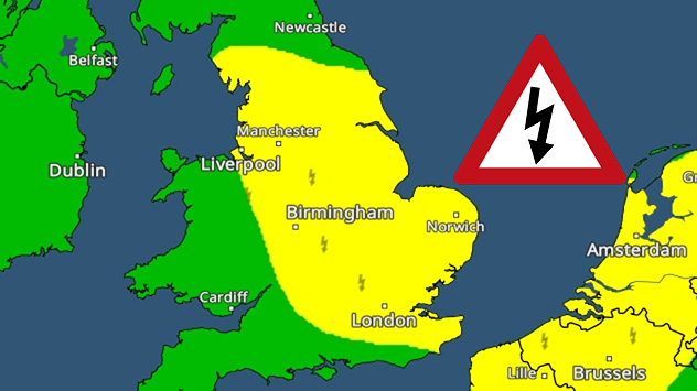 Weather warning map of England showing a yellow thunderstorm alert area extending from northern England to the southeast, with lightning symbols across the region and a large warning triangle over the North Sea.