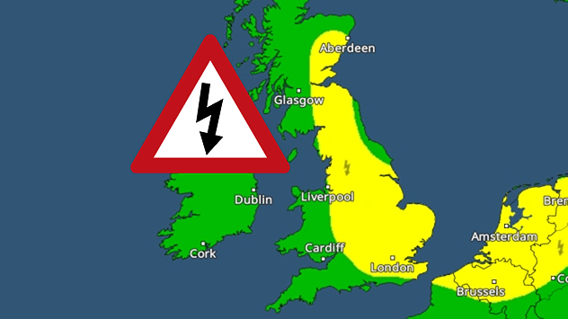 Weather warning map showing a yellow thunderstorm alert area extending from northeast Scotland through eastern England to the southeast, with lightning symbols and a large warning triangle highlighting storm risk.
