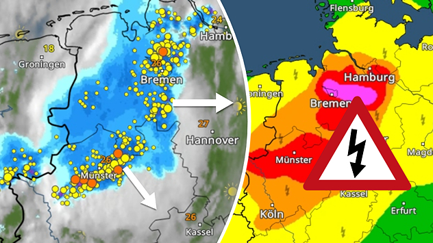 Links: Wetterkarte von Deutschland zeigt Regen und Blitze; Rechts: Unwetterkarte vom Nordwesten Deutschlands