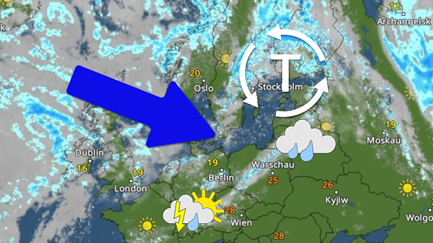 Meteorologická mapa Evropy s počasím, teplotami a srážkami, včetně symbolů počasí