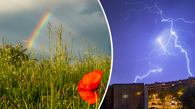 Das linke Bild zeigt einen Regenbogen hinter einer Blumenwiese. Das rechte Bild zeigt ein Gewitter.