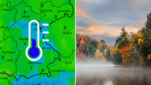 Wetterkarte mit niedrigen Temperaturen in Süddeutschland neben einer herbstlichen Landschaft mit Nebel.