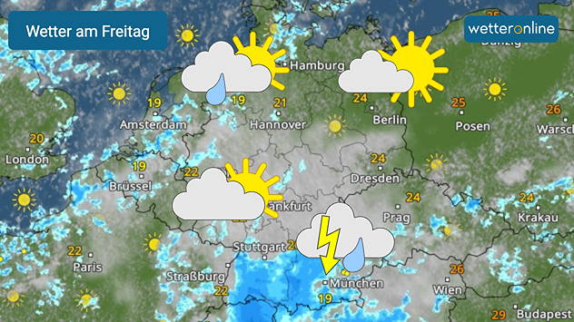 Wetterkarte von Deutschland mit Wolken, Niederschlag und Temoperaturen