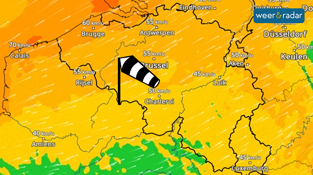 De WindRadar met geel/oranje kleuren en windstoten van 50 tot 65 km/u.