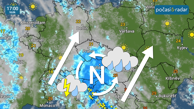 Meteoradar, screenshot, 10. 9. 17:00. Během středečního odpoledne a večera bude nad Česko od jihu postupovat tlaková níže - ta na velkou část našeho území přinese vydatnější déšť.