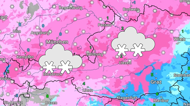 Das Bild zeigt das WetterRadar für Österreich mit verbreitetem Schneefall.