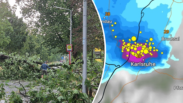 Geteiltes Bild: Links liegt nach einem Unwetter ein großer umgestürzter Baum quer über einer Straße und blockiert den Verkehr. Rechts zeigt eine Wetterkarte den Raum Karlsruhe mit zahlreichen gelben und violetten Markierungen für Blitzentladungen in einem Gebiet mit kräftigen Niederschlägen. Das Bild verdeutlicht den Zusammenhang zwischen heftigen Gewittern und Sturmschäden.