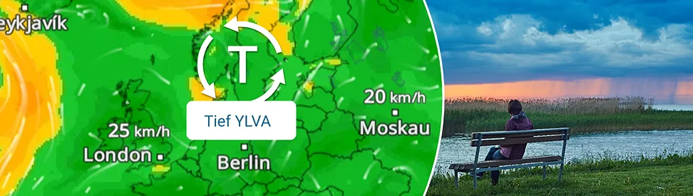 WindRadar mit Tief YLVA über Skandinavien, daneben Regenwolken über einem See.