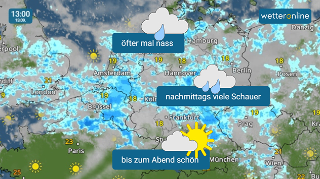 WetterRadar für Sonntagmittag mit Regen und Schauern im Norden, Westen und in der Mitte. Im Süden scheint häufiger die Sonne.
