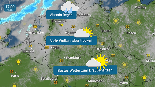 Süden: beste Wetter zum Draußensitzen → Mitte: meist trocken → Nordwesten: abends nass