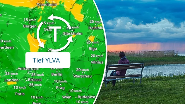 WindRadar mit Tief YLVA über Skandinavien, daneben Regenwolken über einem See.
