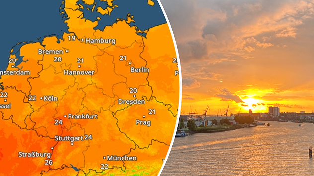 Geteiltes Bild mit TemperaturRadar für Deutschland und einem leuchtenden Sonnenuntergang über Hamburg.