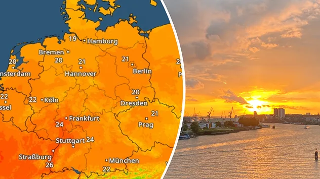 Geteiltes Bild mit TemperaturRadar für Deutschland und einem leuchtenden Sonnenuntergang über Hamburg.