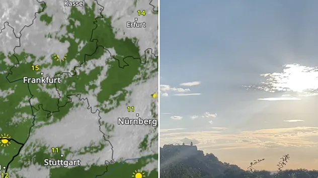 Sonne, Wolken und Nebel im WetterRadar, daneben zeig ein Bild ähnliches Wetter