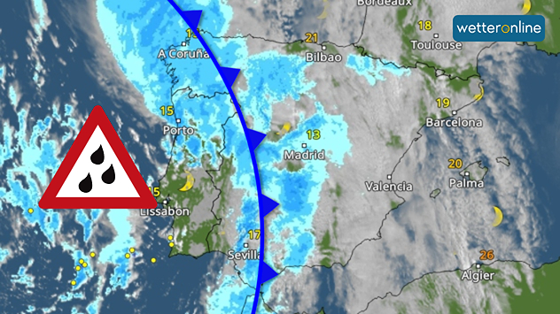 Im Bereich einer Kaltfront kam es in Spanien und Portugal zu heftigen Regengüssen