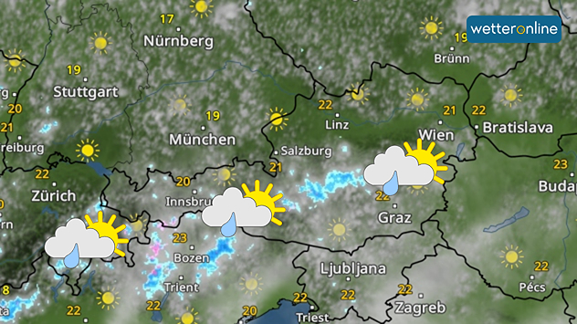 Eine Wetterkarte von Österreich zeigt ein paar Schauer über dem Bergland.