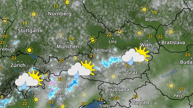 Eine Wetterkarte von Österreich zeigt ein paar Schauer über dem Bergland.
