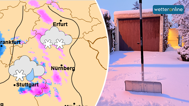 Wetterkarte mit Schneefall über Süddeutschland neben verschneiter Hofeinfahrt mit Schneeschaufel.