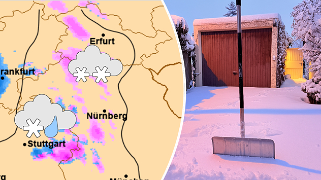 Wetterkarte mit Schneefall über Süddeutschland neben verschneiter Hofeinfahrt mit Schneeschaufel. Winterliche Bedingungen mit Neuschnee und Frost.