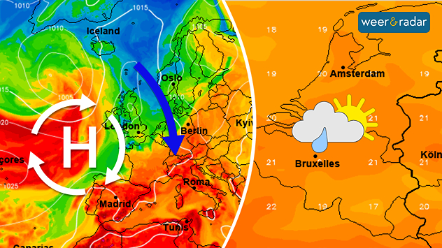 Een dubbele afbeelding met links een ingetekend hogedrukgebied en een koele noordwestenwind, weergeven met blauwe pijl. Rechts de temperatuurkaart van de Benelux met 17 tot 21 graden daarop en een zon, wolk met een druppel ingetekend.