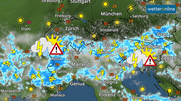 Eine Wetterkarte vom südlichen Alpenraum zeigt einige Gewitter.