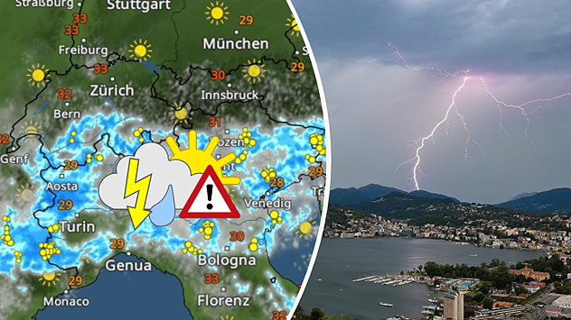 Links: Eine Wetterkarte vom südlichen Alpenraum zeigt einige Gewitter. Rechts: Panoramablick auf Lugano und den Luganersee unter dunklen Gewitterwolken. Ein weit verzweigter Blitz schlägt hinter den bewaldeten Bergen ein; im Vordergrund liegen Stadtviertel, Hafenanlagen und das ruhige Seeufer.