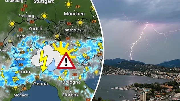 Links: Eine Wetterkarte vom südlichen Alpenraum zeigt einige Gewitter. Rechts: Panoramablick auf Lugano und den Luganersee unter dunklen Gewitterwolken. Ein weit verzweigter Blitz schlägt hinter den bewaldeten Bergen ein; im Vordergrund liegen Stadtviertel, Hafenanlagen und das ruhige Seeufer.