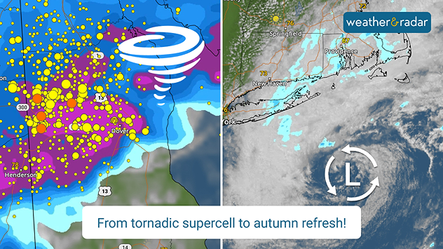 After producing a tornadic storm line on Thursday evening, the same low pressure is bringing down cooler autumn-like air to New England.