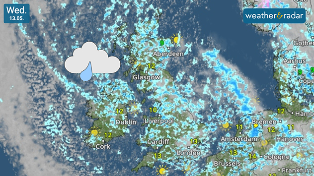 Weather map of the UK and nearby Europe showing scattered blue rain bands across Britain and Ireland, with a rain cloud icon over Scotland on Wednesday 13.05.