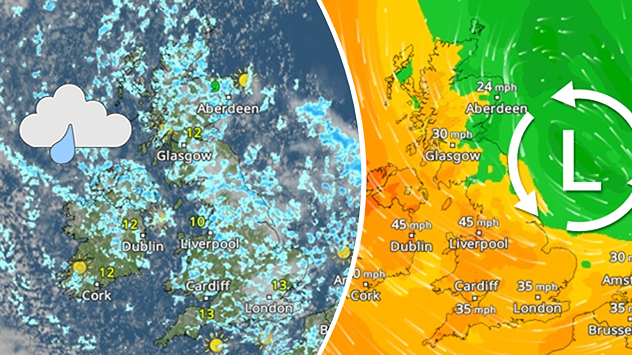 Split weather map showing rain bands over the UK and Ireland on the left and a strong low-pressure wind system over northern Europe on the right, with weather icons and wind speeds displayed.