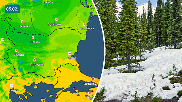 Отляво: Температурна карта за четвъртък Отдясно: Снимка на топящ се сняг в планината