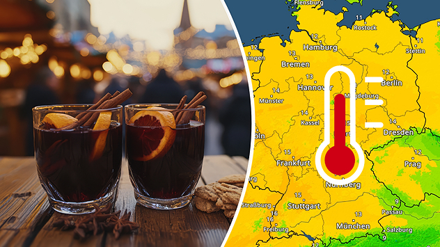 Links: Glühwein auf dem Weihnachtsmarkt bei mildem Wetter. Rechts: TemperaturRadar zeigt ungewöhnliche 10–14 °C in Deutschland.