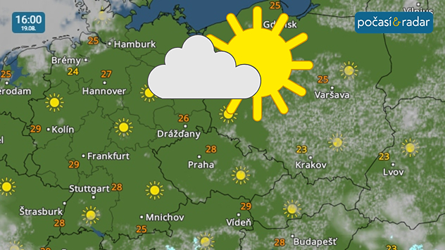 Meteoradar, screenshot, úterý 19. 8. 16:00: Nový týden nás uvítá slunečným a poměrně teplým počasím.