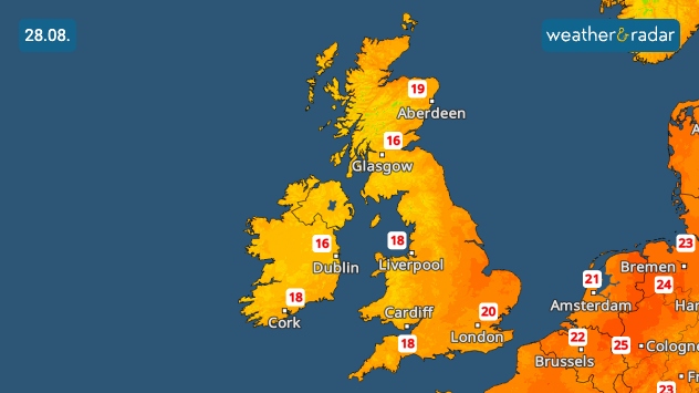 Temperature map of the UK and Ireland dated 28 August, showing values between 16°C and 20°C. Cooler temperatures of 16°C are in Glasgow and Dublin, while the warmest is 20°C in London. Most areas range from 18–19°C, with higher temperatures on the continent reaching up to 25°C in Brussels.