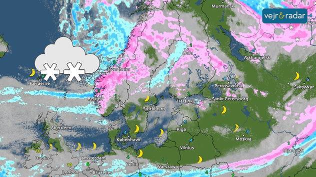 VejrRadaren viser sne flere steder i Skandinavien.