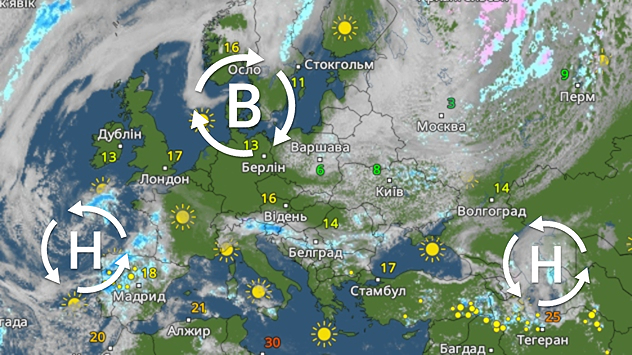 Карта погоди Європи з антициклоном над Центральною Європою та циклонами над Іспанією та Східною Європою. Стрілки вказують на повітряні потоки з південного заходу на північний схід, а також у зворотному напрямку на сході. Переважають символи сонця, а також хмари та опади на заході та сході.