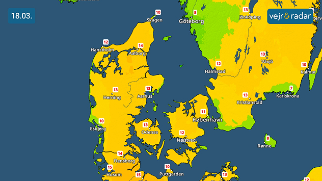 Temperaturkort over Danmark den 18. marts med milde forårstemperaturer omkring 10 til 15 grader.